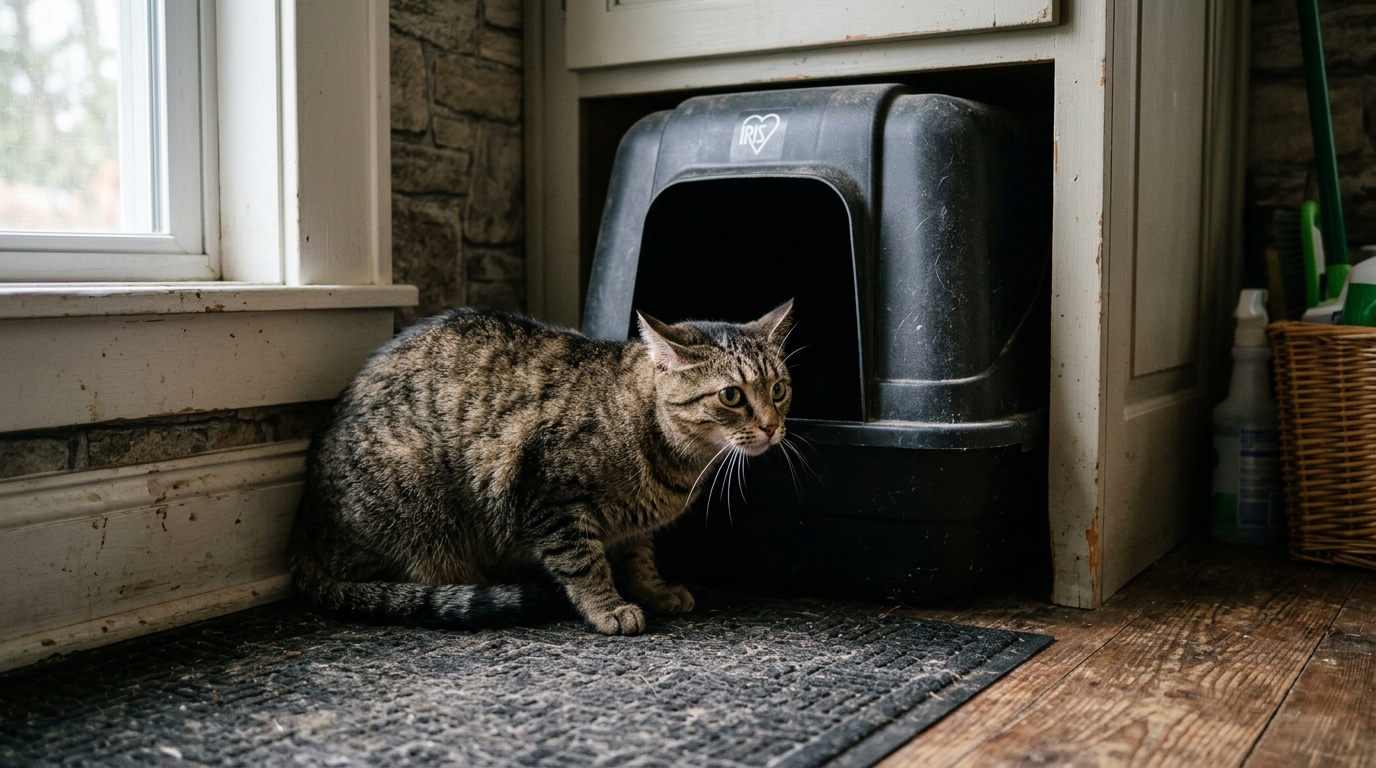 Senior cat easily stepping into a wide opening low threshold smart litter box