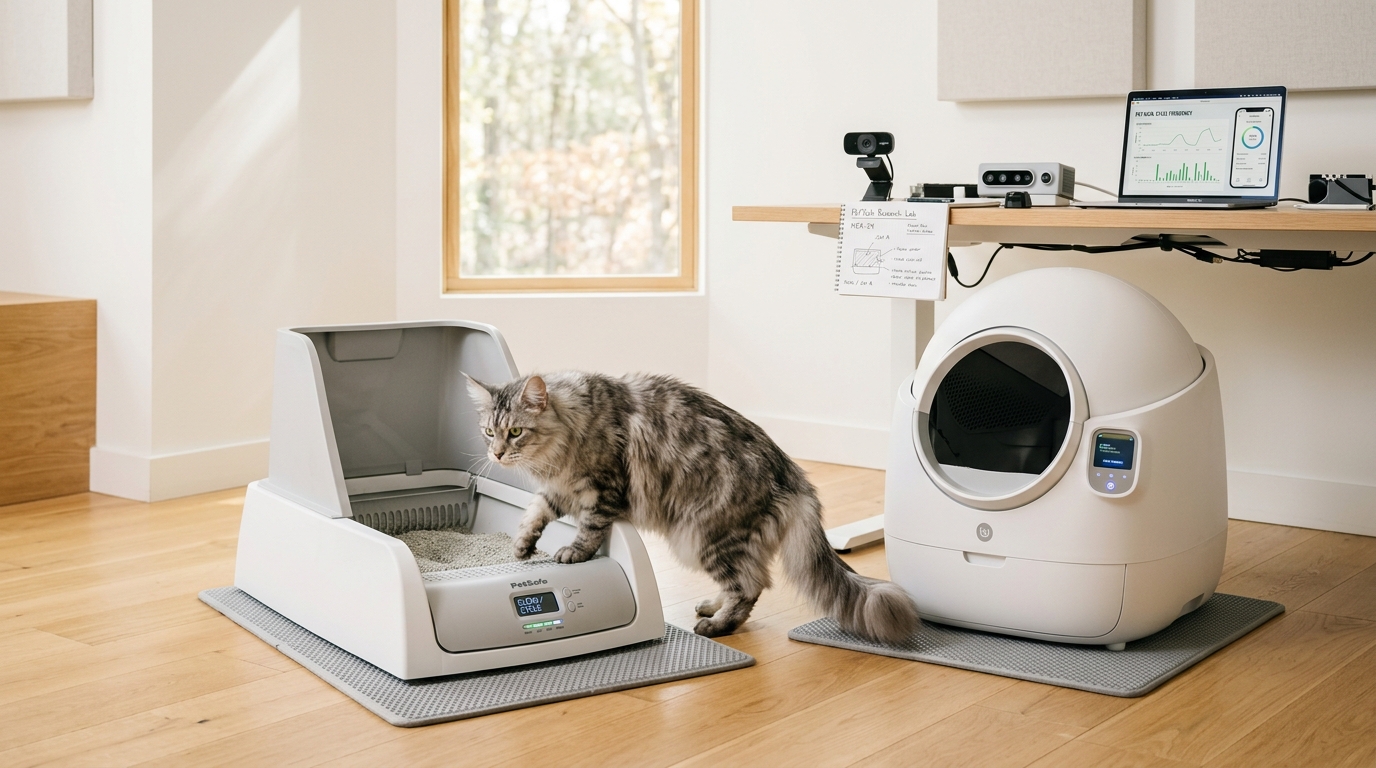Cat inspecting automatic self cleaning litter box in modern clean testing laboratory